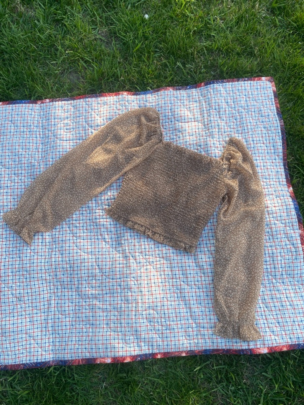 Japna Brown Smocked Off-Shoulder Sweater with Puff Sleeves